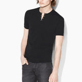 Short Sleeve Crewneck Knit with Eyelet Placket Detail