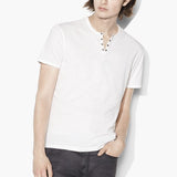 Short Sleeve Crewneck Knit with Eyelet Placket Detail