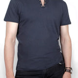 Short Sleeve Crewneck Knit with Eyelet Placket Detail