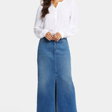 Fairmont Wash High Rise Long Denim Skirt with Front Slit