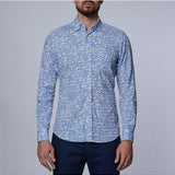 White & Blue Floral Oxford Shirt With Striped Contrast
